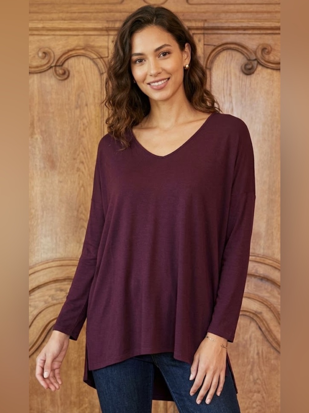 Michael Stars Oversized V Neck Long Sleeve Tunic Top Plum Burgundy OS Ultra Soft